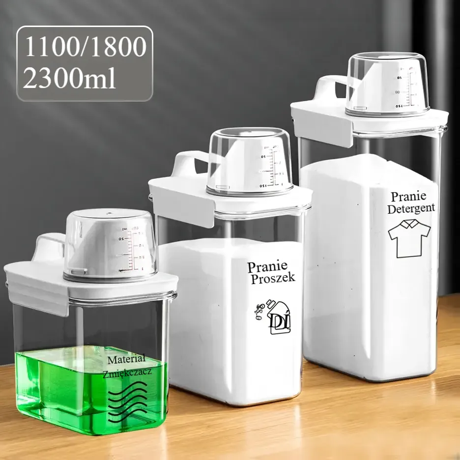 Dozownik na detergent do prania wielokrotnego użytku o pojemności 1100/1800/2300 ml, pusty pojemnik na proszek do prania, płyn do płukania, wybielacz z etykietami