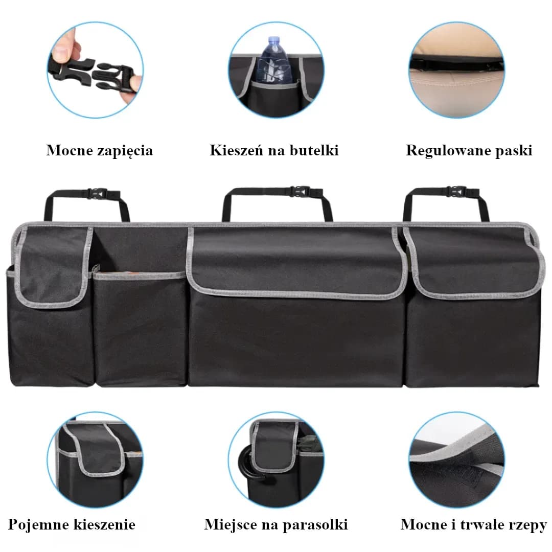 Wiszący organizer do bagażnika samochodowego/SUV-a, 99 x 35 cm, z 4 kieszeniami do przechowywania.