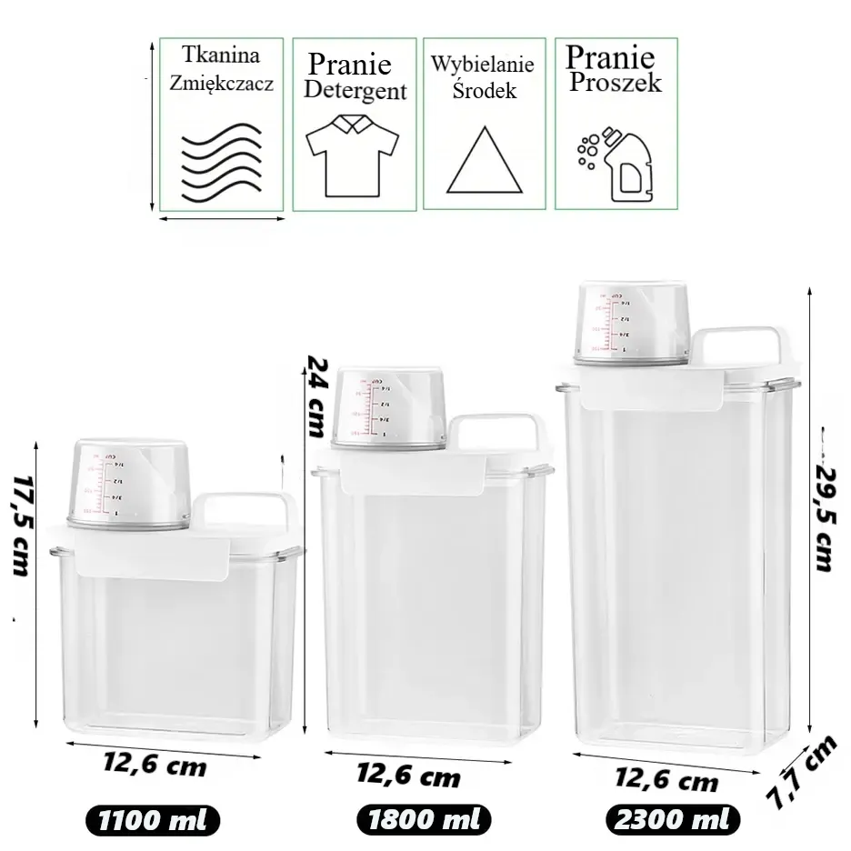 Dozownik na detergent do prania wielokrotnego użytku o pojemności 1100/1800/2300 ml, pusty pojemnik na proszek do prania, płyn do płukania, wybielacz z etykietami