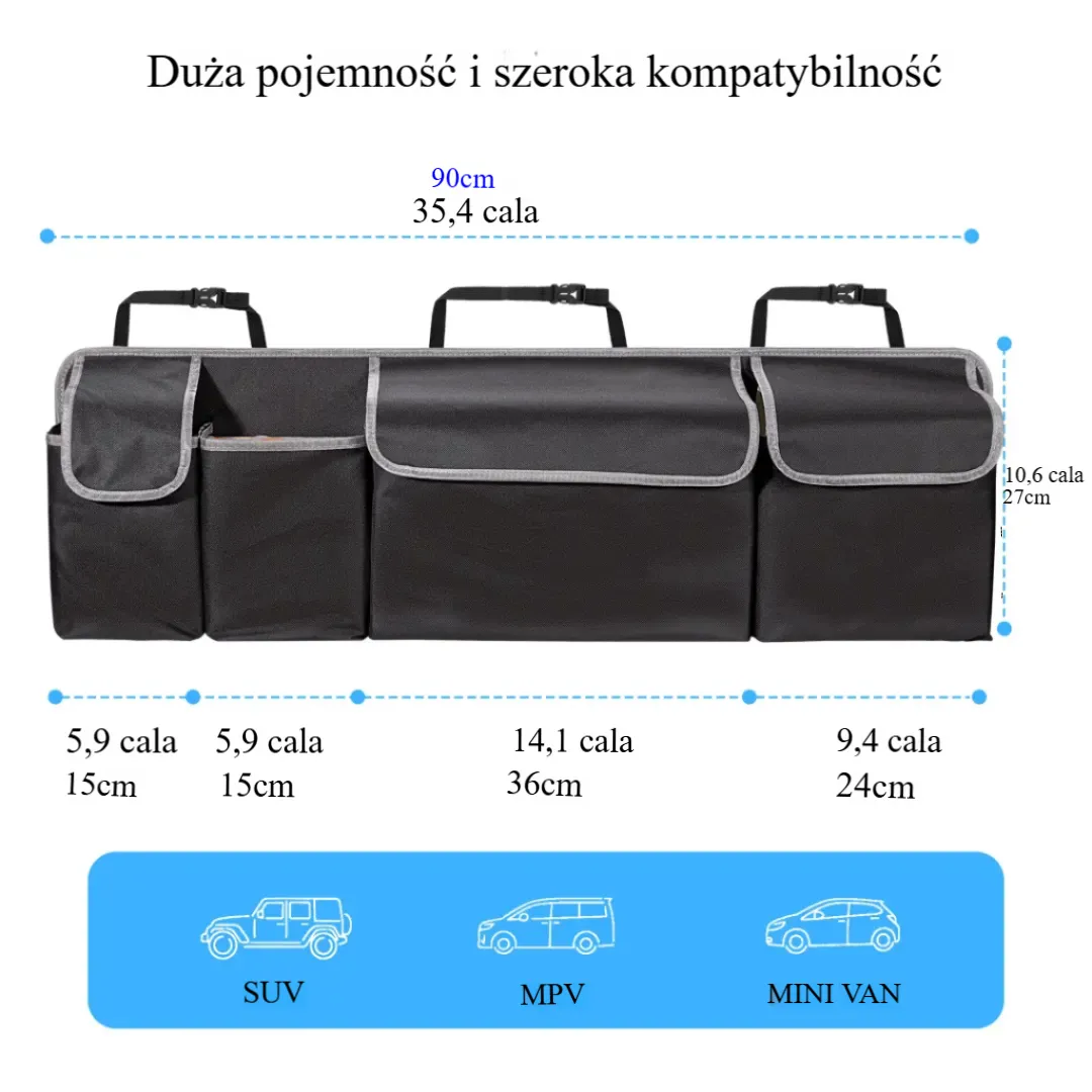 Wiszący organizer do bagażnika samochodowego/SUV-a, 99 x 35 cm, z 4 kieszeniami do przechowywania.