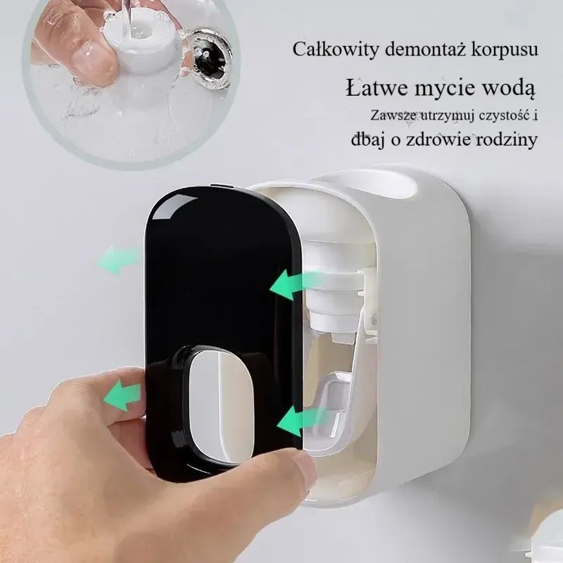 Wodoodporny wyciskacz do pasty do zębów. Automatyczny dozownik pasty do zębów. Montowany na ścianie. Akcesoria łazienkowe. Uchwyt na szczoteczki do zębów.