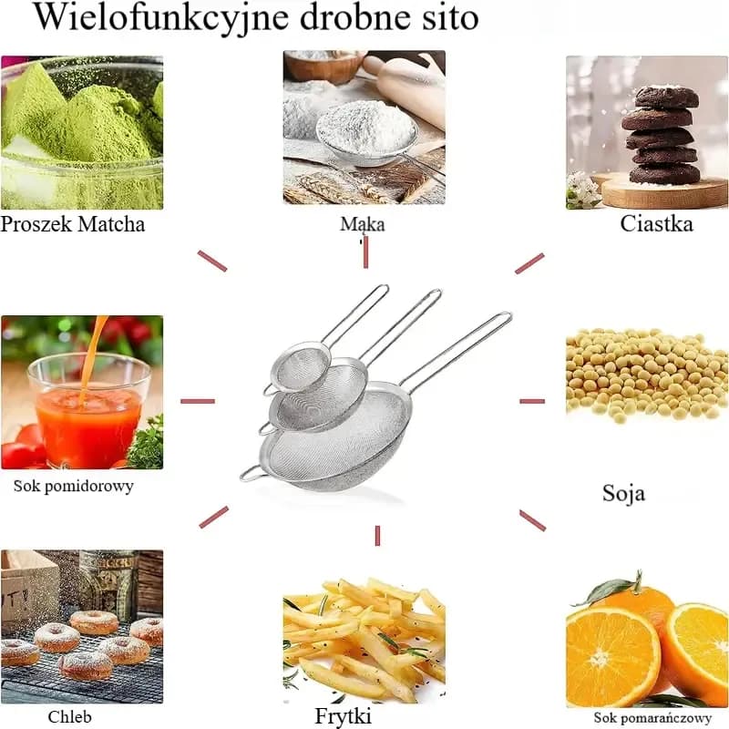 Sitko ze stali nierdzewnej o drobnych oczkach do oleju i mąki. Może służyć jako durszlak lub przesiewacz. Idealne do pieczenia ciast i jako akcesorium kuchenne. Zestaw 1/3/4 szt.