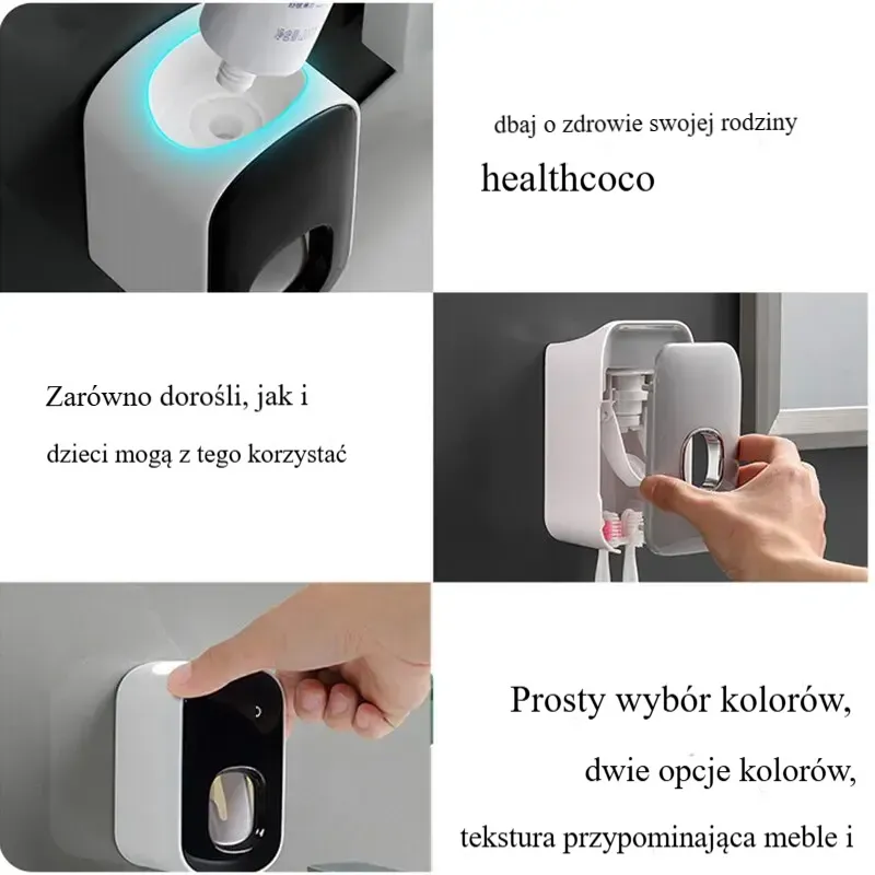 Wodoodporny wyciskacz do pasty do zębów. Automatyczny dozownik pasty do zębów. Montowany na ścianie. Akcesoria łazienkowe. Uchwyt na szczoteczki do zębów.