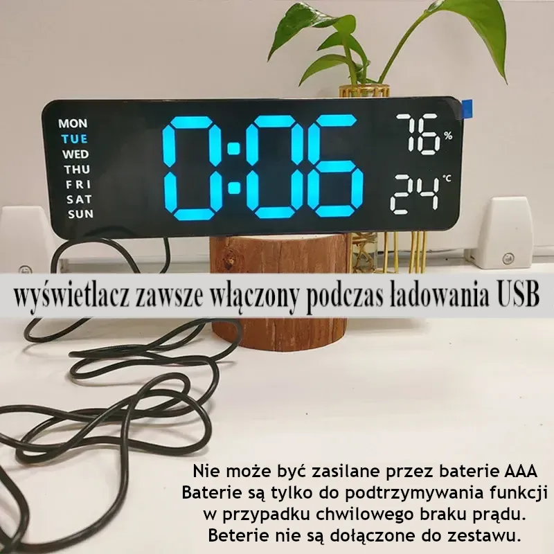9-calowy duży cyfrowy zegar ścienny zasilany przez USB, miernik temperatury i wilgotności, automatyczne ściemnianie, czas letni, zegar stołowy 12/24H, elektroniczny budzik LED