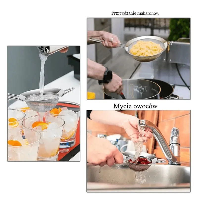 Sitko ze stali nierdzewnej o drobnych oczkach do oleju i mąki. Może służyć jako durszlak lub przesiewacz. Idealne do pieczenia ciast i jako akcesorium kuchenne. Zestaw 1/3/4 szt.