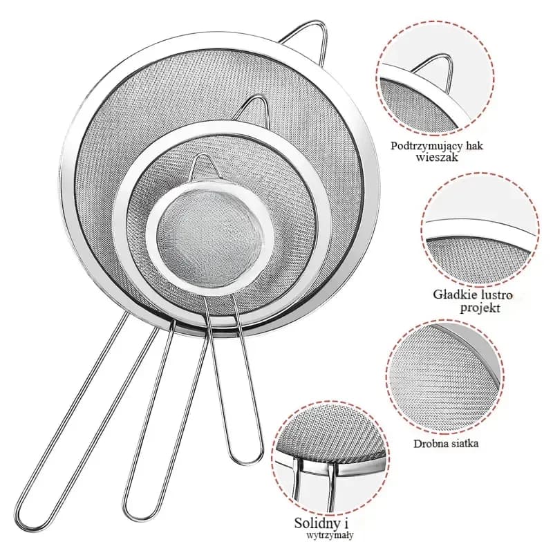 Sitko ze stali nierdzewnej o drobnych oczkach do oleju i mąki. Może służyć jako durszlak lub przesiewacz. Idealne do pieczenia ciast i jako akcesorium kuchenne. Zestaw 1/3/4 szt.